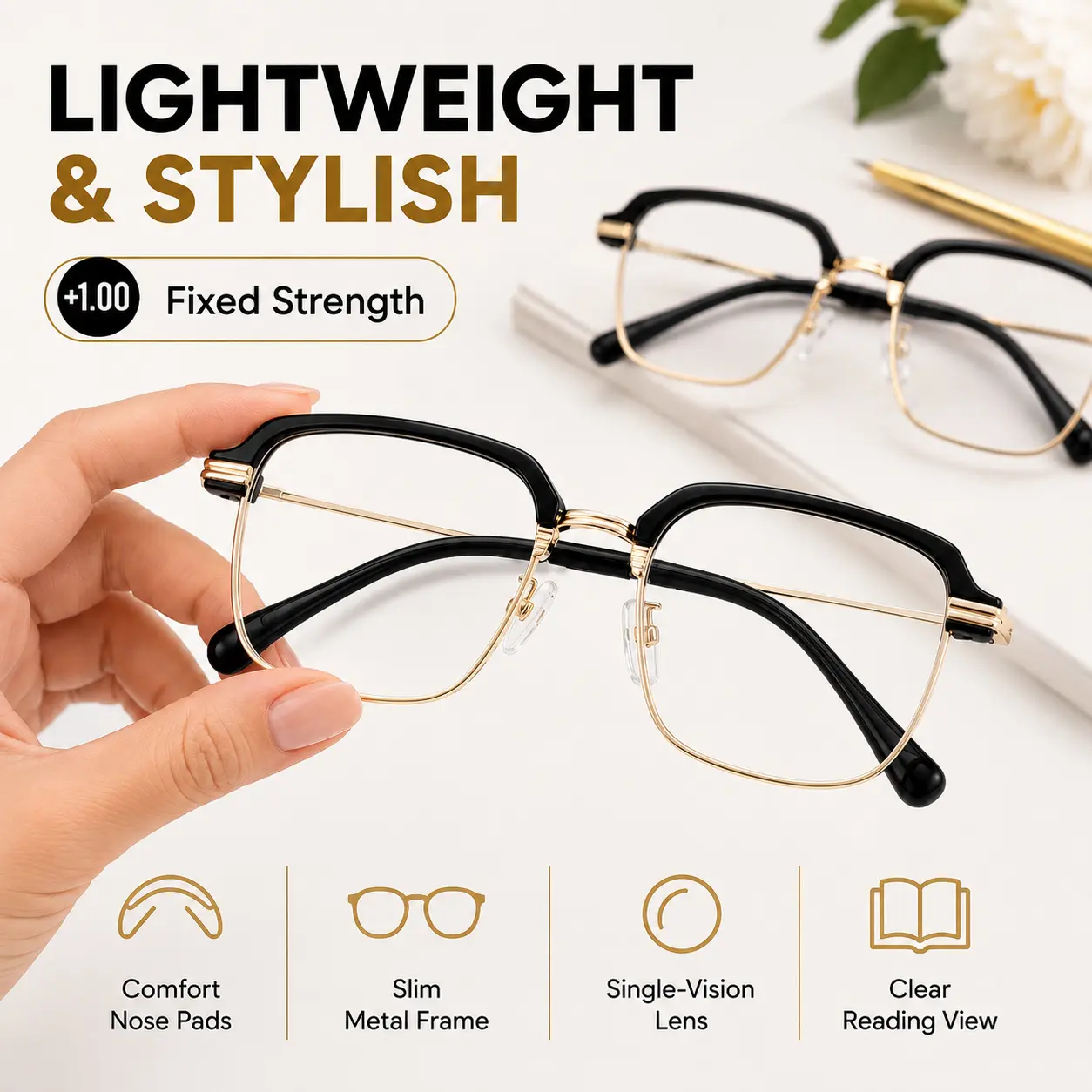 Black Gold Photochromic Auto-Tinting Rectangle Full Rim Plastic Statement Frame Glasses (+1.00), Anti-Blue Light Block UV Protection Adult Readers, Lightweight Work/Travel Accessory Non-Prescription Eyewear with Buckle Case & Cleaning Cloth