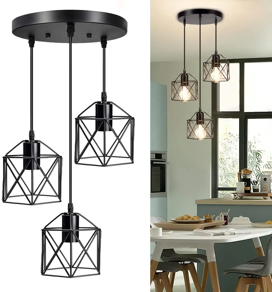 Vintage Pendant Light Fixtures (No Bulb Included) E26 Base Adjustable Hanging Pendant Lights Fixture with 3 Light Cage Shade, Flush Mount Ceiling Swag Lighting