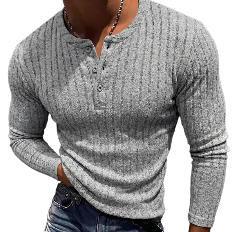 Men’s Ribbed Henley Long Sleeve Shirt Slim Fit Stretch Casual Knit Pullover for Men Soft Breathable Fashion Tee