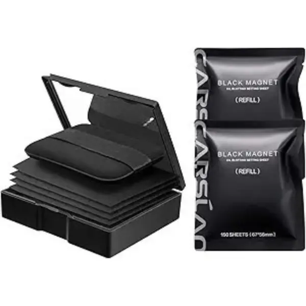 Makeup Blotting Paper with Powder, Black Magnet Blotting Sheet for Oily & Combination Skin, Portable Compact with Puff & Mirror, Keeps Makeup Fresh All Day, 450 Sheets + 8 Refill Adhesive Pads