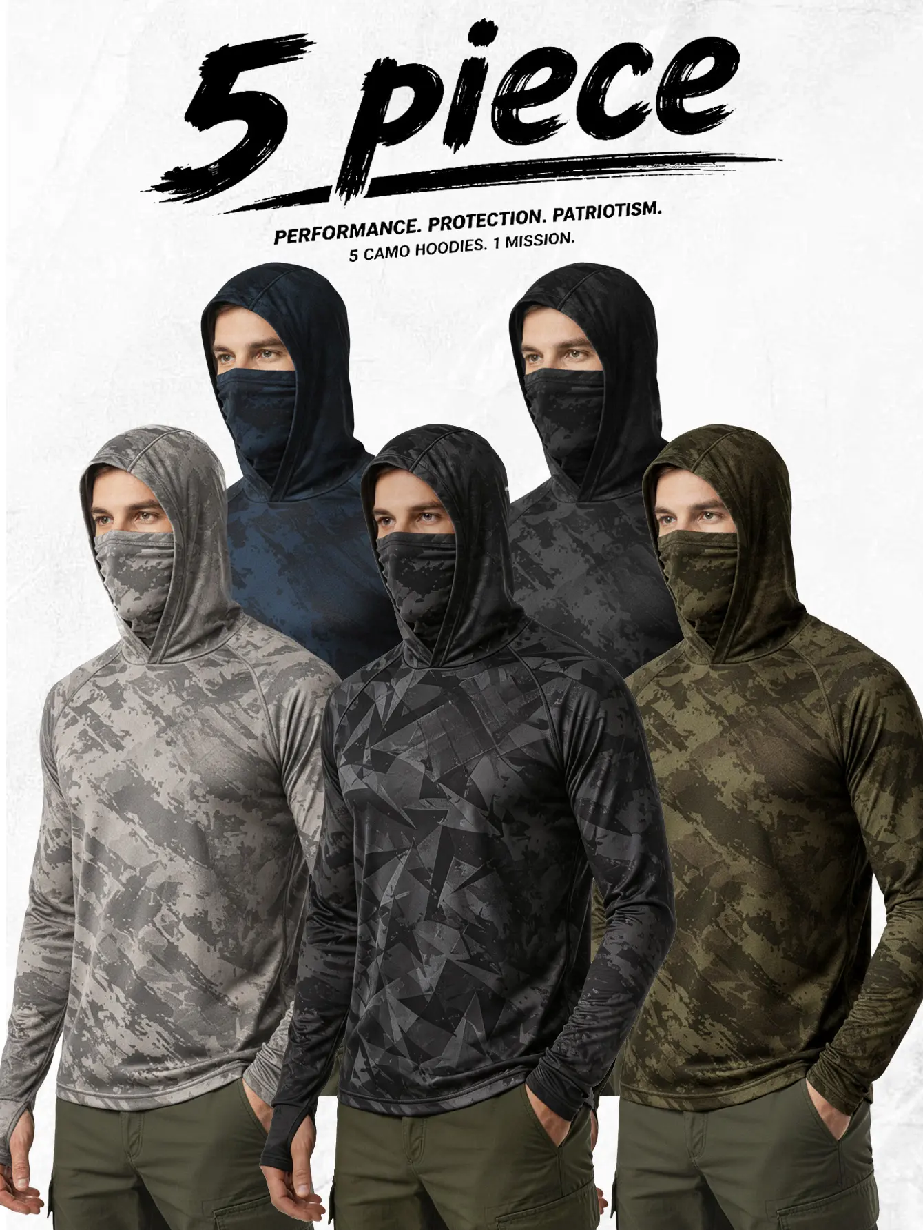 5-Pack Tactical Camouflage Hooded Shirts with Built-In Face Mask, Long-Sleeve Lightweight Performance Balaclava Hoodies, UV Protection Outdoor Hunting/Fishing Motorcycle Neck Gaiter Tops for Men tiktokshopbacktoschool