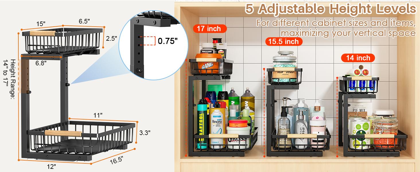 Under Sink Organizer, Height Adjustable Under Sink Organizers and Storage, 2 Tier Pull Out Drawer Cabinet Organizer for Kitchen Bathroom