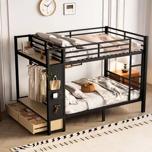 Metal Bunk Bed for Teens with Storage Shelves ,Drawers and Pegboard,Black