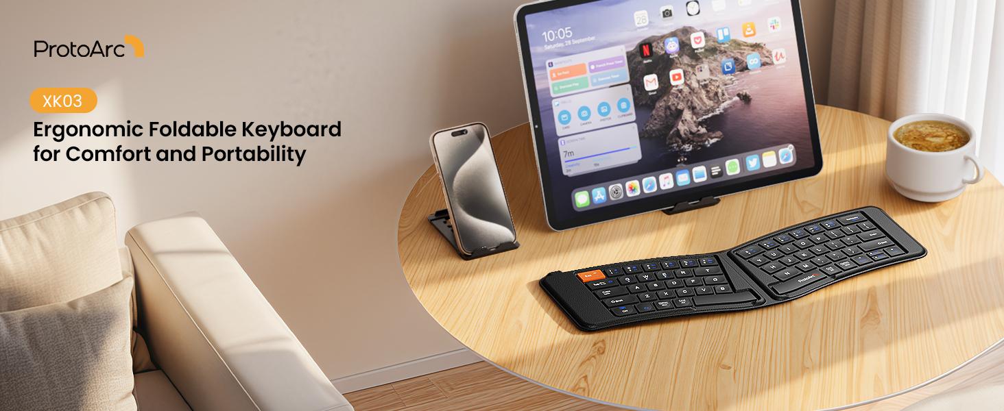 ProtoArc Ergonomic Foldable Keyboard, XK03 Split Folding Travel Bluetooth Keyboard, Ultra Slim, Portable for iPad, iPhone, Tablet, Laptop, PC