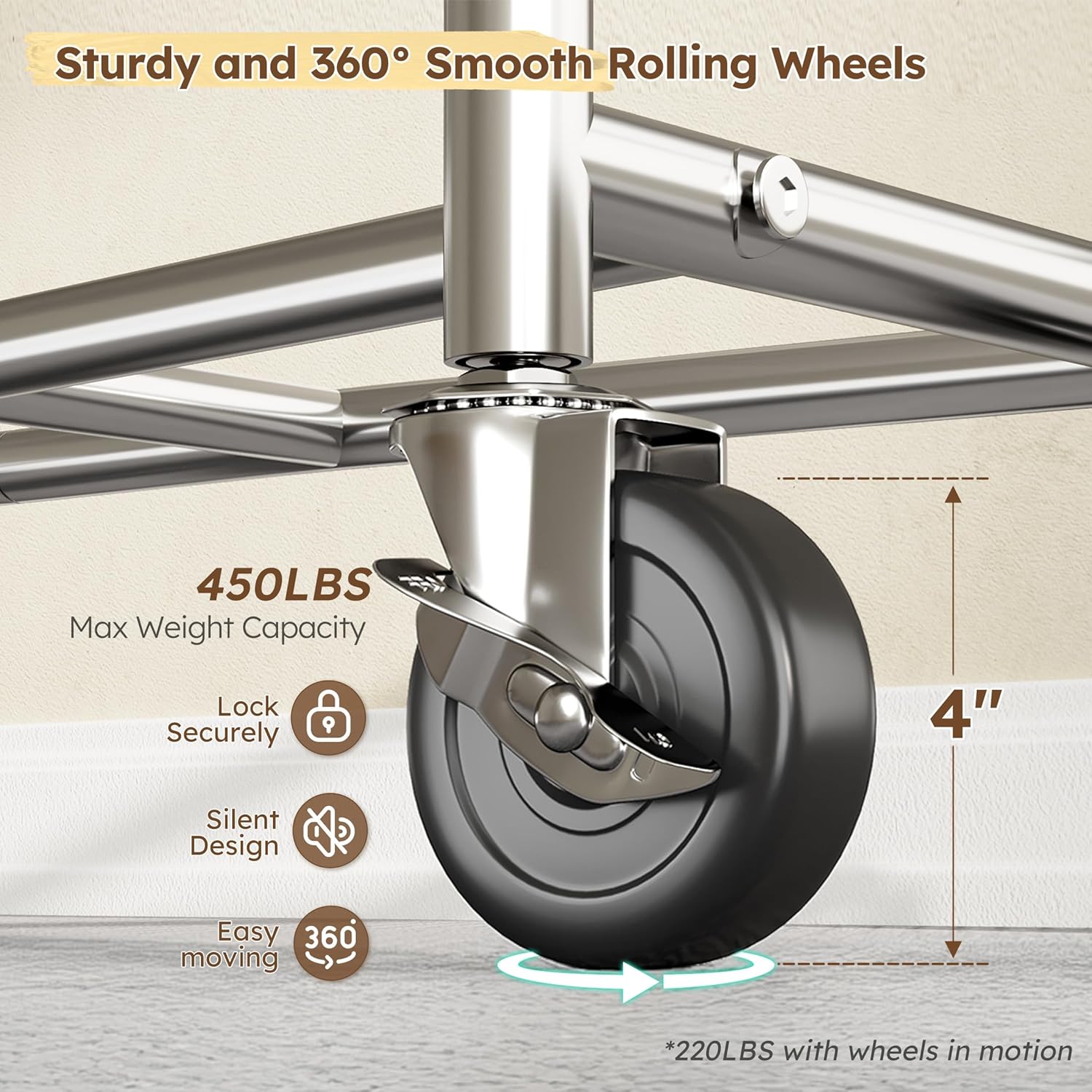 Raybee Heavy Duty Clothes Rack Load 450 LBS, Clothing Racks for Hanging Clothes Rolling Garment Rack with Wheels & Shelf,Portable & Adjustable Coat Rack ,Chrome, Golden