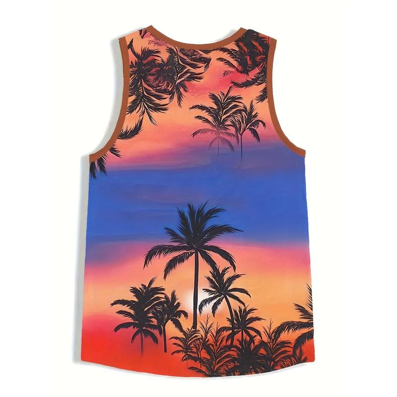 Men's Hawaiian Sunset Palm Tree Print Tank Top - Vibrant Gradient Design, Breathable & Stretchy Polyester Sleeveless Shirt for Outdoor Sports, Fitness, and Casual Summer Wear