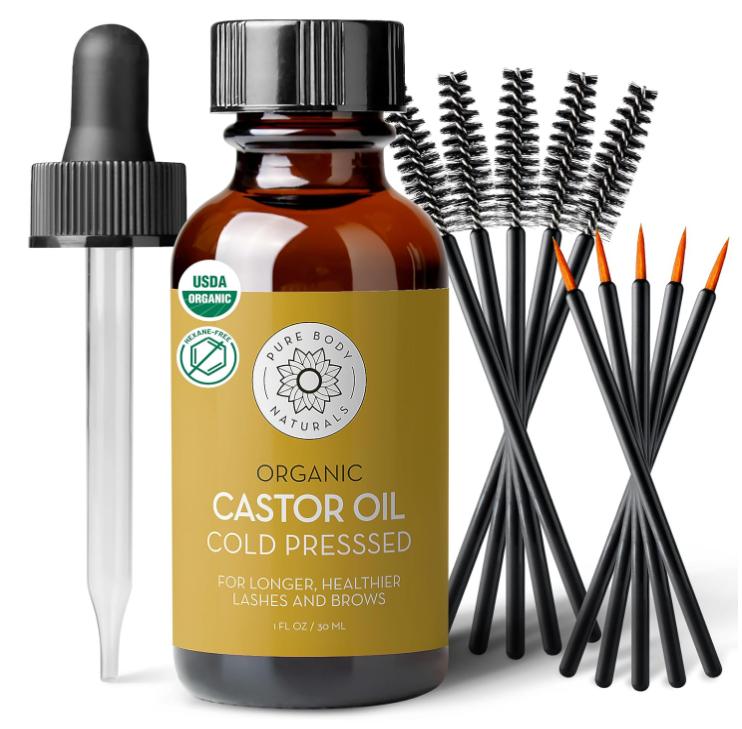 Pure Body Naturals Castor Oil for Eyelashes and Eyebrows - 1 Fl Oz Nourishing Brow & Lash Growth Serum - Organic, Hexane Free, Cold Pressed, Unrefined - Eyelash and Eyebrow Growth Serum for Women