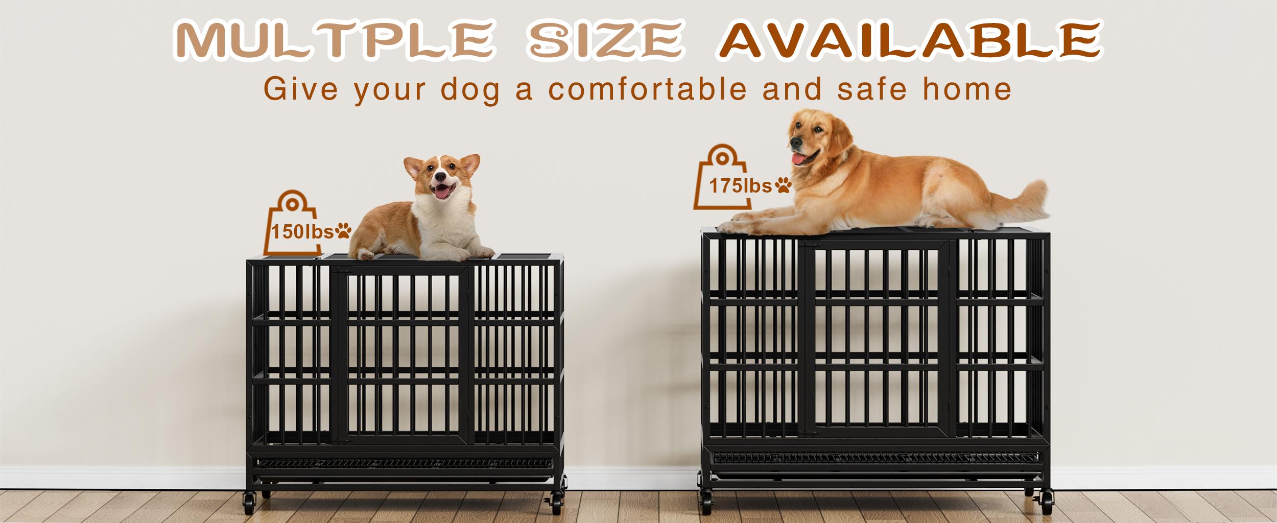 Walsunny 37/47 inch Heavy Duty Steel Dog Crate for Large Dogs with Lockable Wheels and Double Door Design, Escape Proof, Indestructible, Black