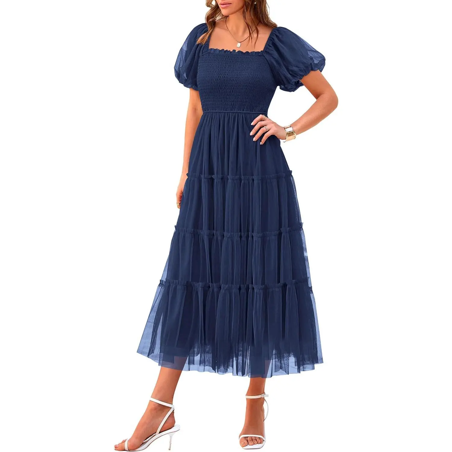 2025 Trending Wedding Guest Dress Women's Smocked Square Neck Midi Tulle Dress Puffy Short Sleeve Ruffled Party Dress for Summer Celebrations
