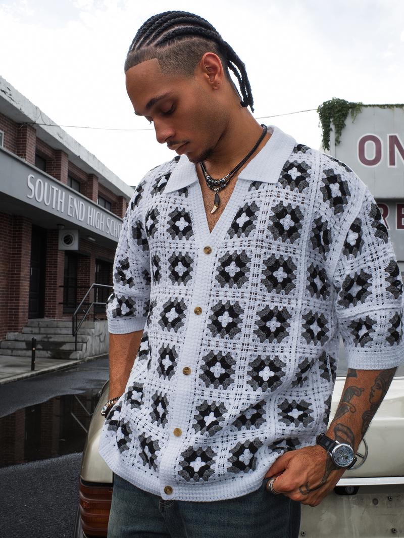 Men's Summer Cool Knitted Short-Sleeve Shirt Baby Blue Boho Vacation Casualwear Loose Fit Collared Button Closure All-Over Print