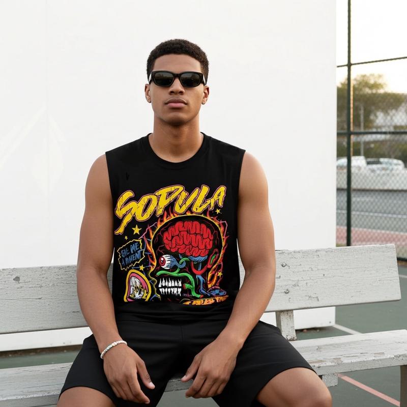 Sopula Studio Men's Graffiti Skull Pattern Cotton Sleeveless Sports Shirt Black