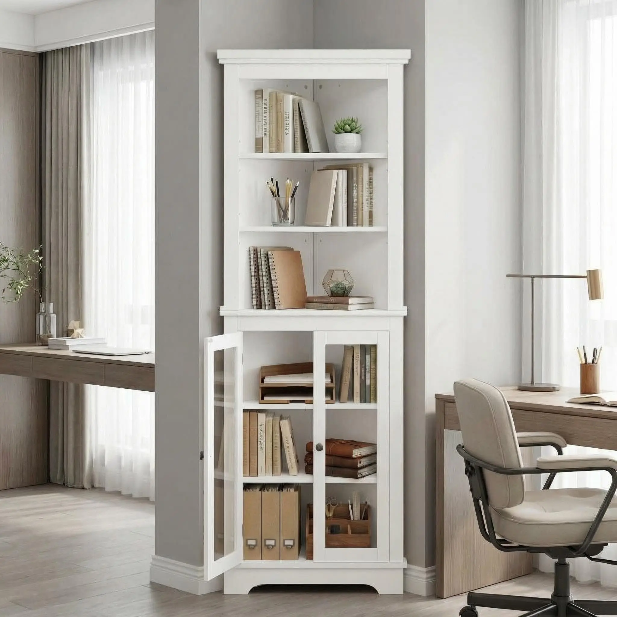 Garvee corner storage closet, non-built-in 65-inch high bathroom storage closet with glass doors and adjustable shelves, 5-tier corner display cabinet