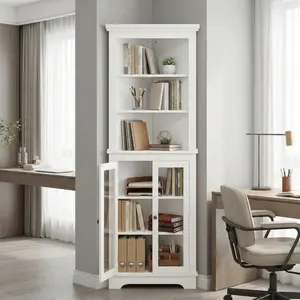 Garvee corner storage closet, non-built-in 65-inch high bathroom storage closet with glass doors and adjustable shelves, 5-tier corner display cabinet