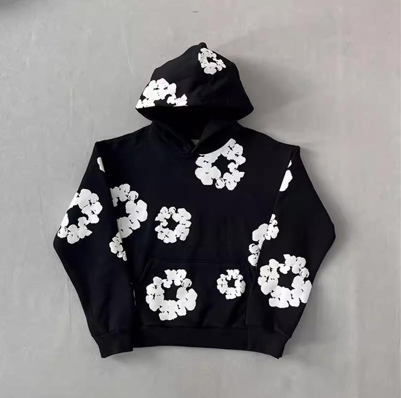 DENIM TEARS Brand Hot Selling New Fashionable Cotton Foamprinted Hoodie European and American Trendy Men's Sportssuit Pink Floral Design with Hood and Drawstring