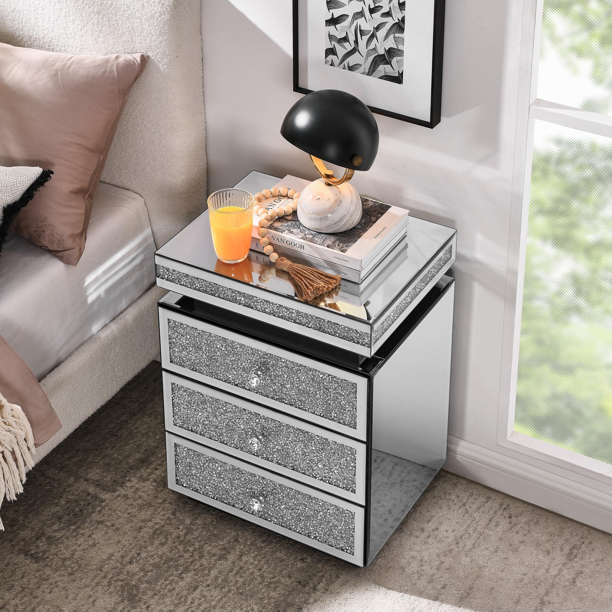 Mirrored Nightstand Modern Bedside Table with 3 Drawers, Silver End Table with Crystal Inlay, Bedside Table, Glass Table for Bedroom, 13.8''W x 17.7" L x 23.6" H