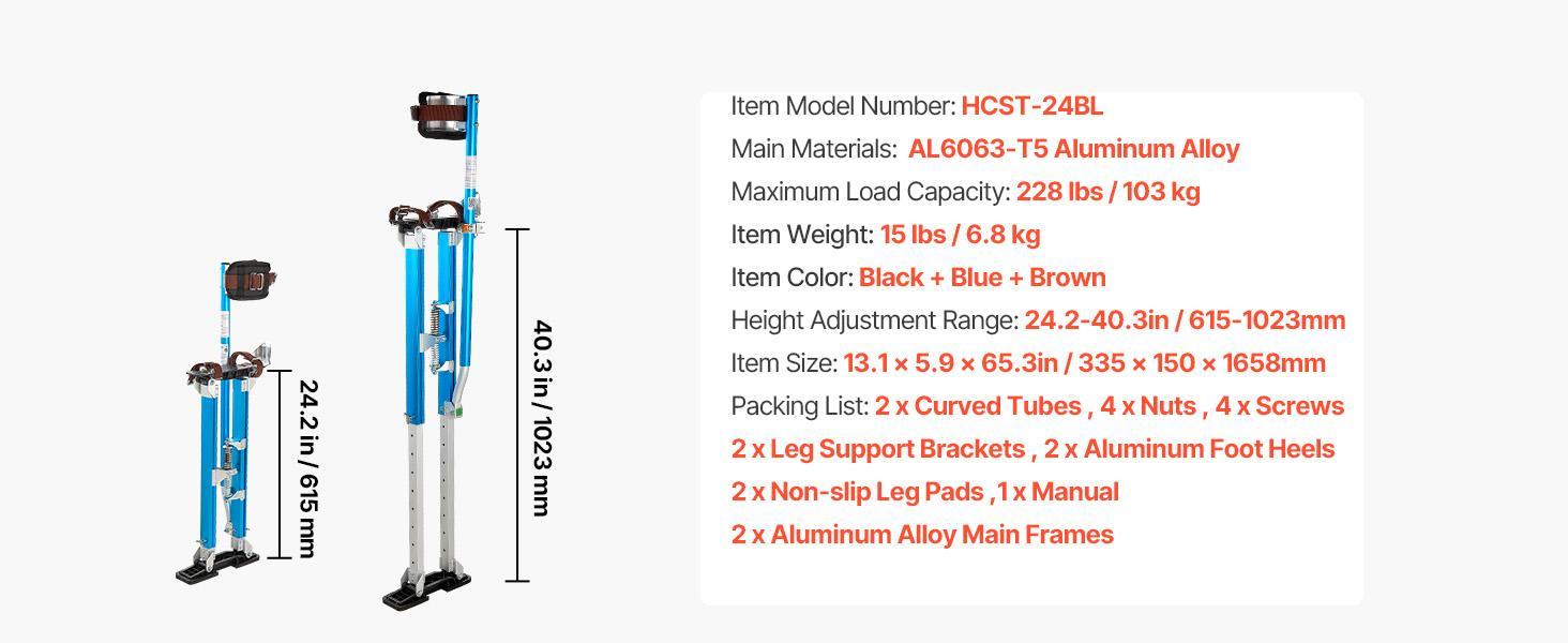 【SummerFinds】VEVOR Drywall Stilts for Painters & Cleaning, Aluminum Sturdy Structure, 24.2-40.3 in Adjustable Height, 228 lbs Load Capacity, Non-Slip Rubber Feet, Dual Spring Shock Absorption, Comfortable Leg Straps, 3-Level Heel Brackets, Blue