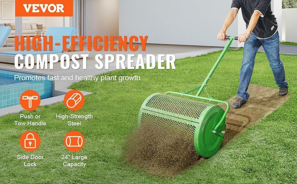 【Back to School】VEVOR 24" Push-Tow Behind Roller Lawn Spreader, 110cm Steel Mesh Basket Garden Spreader with Height-Adjustable T-Shaped Handle for Comfortable Operation, Accurate Coverage in Gardens (Manure, Topsoil, Peat Moss)