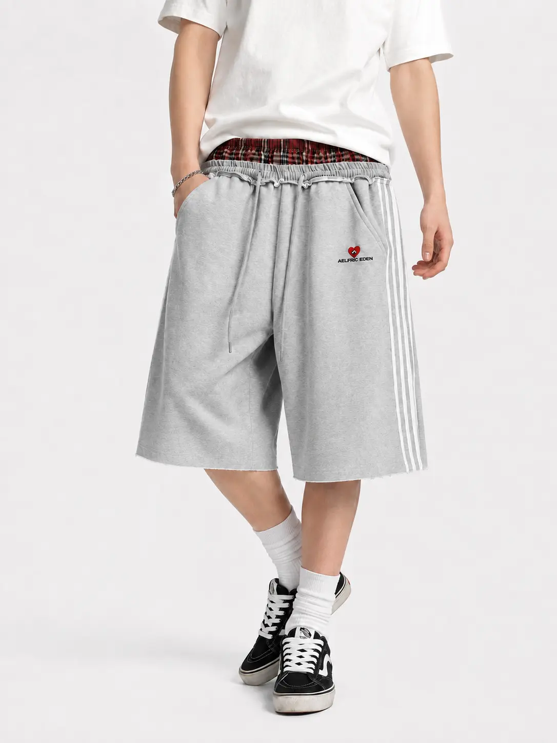 Aelfric Eden Double Waist Plaid Patchwork Longline Shorts High Waist Double Waistband Design Side Stripe Detail  Soft  Fabric Retro Sporty Streetwear Unisex Bottoms,clothes for back to school,first day of school outfits