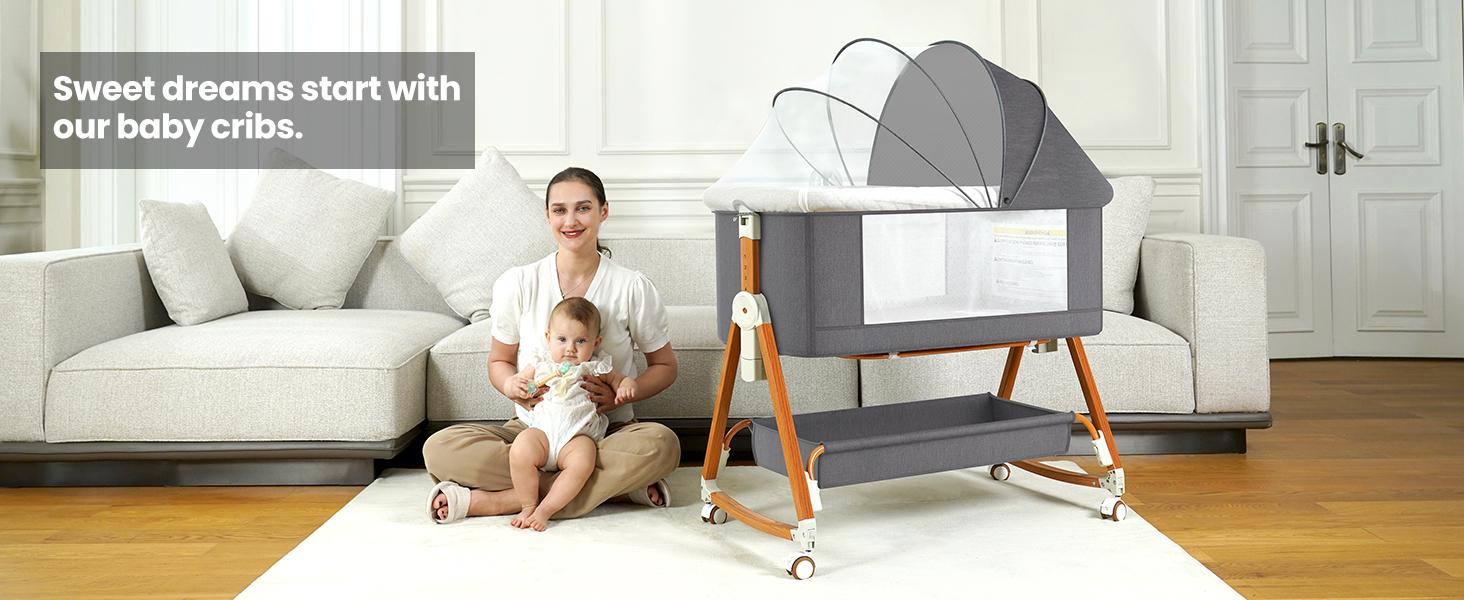 Baby Bassinet Sleeper, 6 Height Adjustable Cribs, Easy to Fold Portable Crib Side Bassinet, Swing Cradle Bed Side Sleeper with Ventilated Net&Wheels Baby Bassinet Sleeper, 6 Height Adjustable Cribs, Easy to Fold Portable Crib Side Bassinet, Swing Cradle Bed Side Sleeper with Ventilated Net&Wheels
