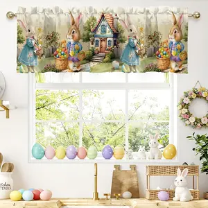 1pc Easter Bunny Eggs Floral Kitchen Curtains |   60x17.72inch Retro Blue Polyester Rod Pocket Short Curtains, Light-filtering, Unlined, Machine Washable, Spring Season Decor for Kitchen and Living Room Foldable Colorful Divider