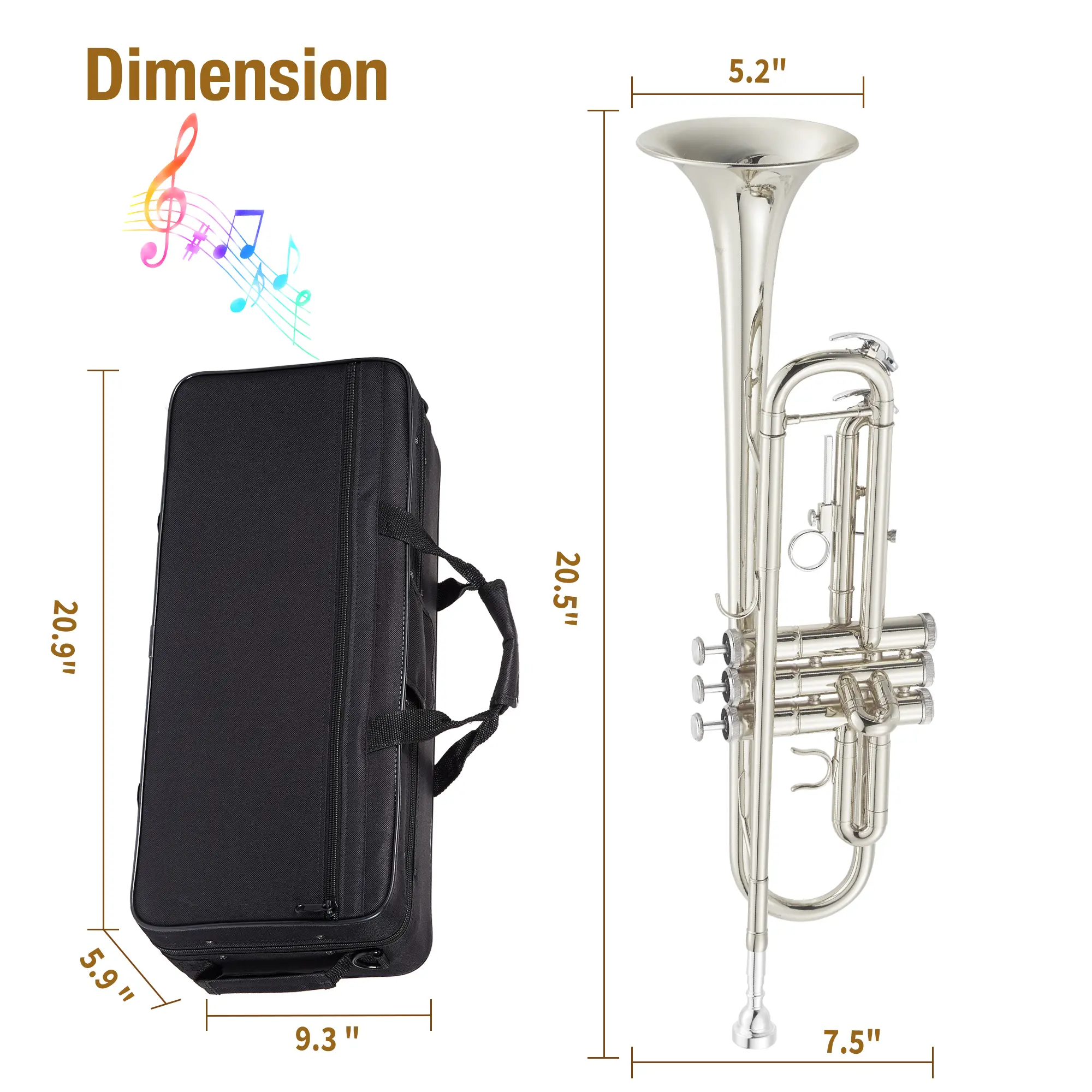 Bright Nickel-Plated Brass Bb Trumpet for Beginner Students - Complete Starter Pack with Reinforced Bracing, Durable Cover Guard, Mouthpiece, Cleaning Kit, Water Key, Fast Valve Response, Adjustable Thumb Rest, Musical Instruments for Practice, Bright Nic