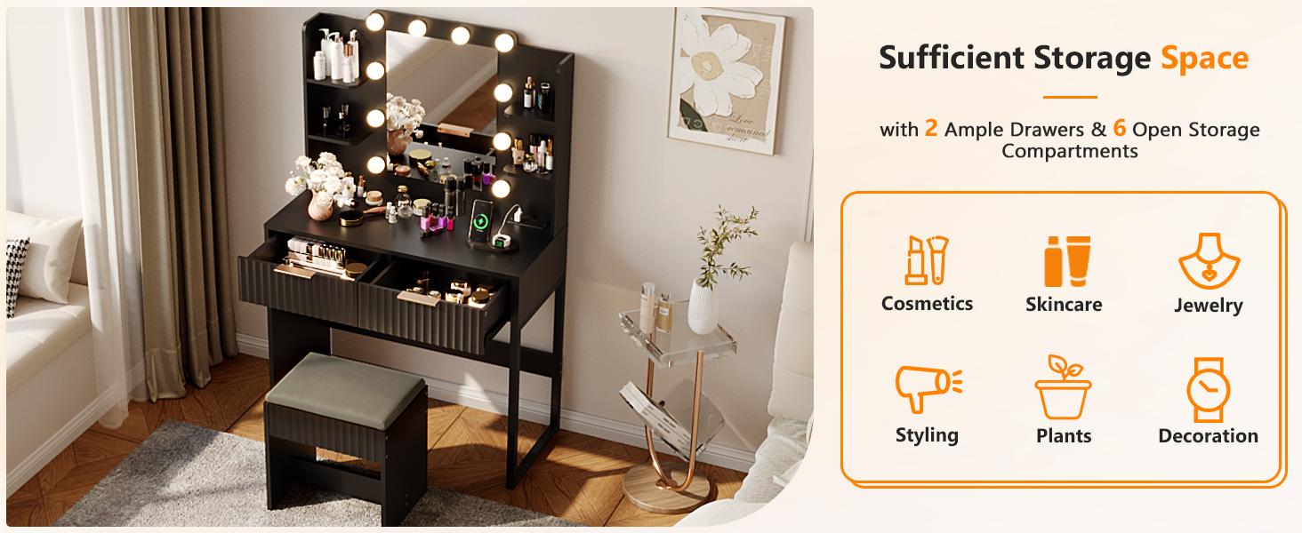 VINGLI Fluted Makeup Vanity Desk with Mirror & Lights & Power Outlet, Small Vanity Table w/ 2 Drawers & 4 Storage Shelves, Modern Dressing Table Set Charging Station for Bedroom