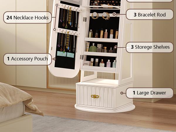 Miuvanity Round-Corner Design Full-Length Mirror with 360° Swivel & LED-Lit Features, Bottom Drawer Storage, Lockable Design living room decor