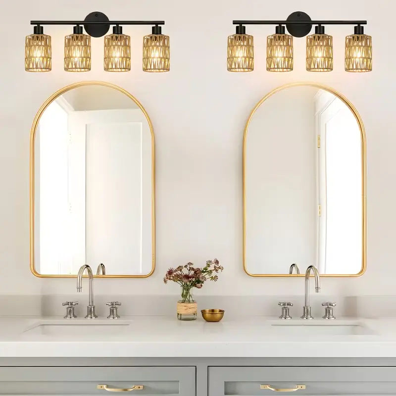 3/4-head modern Bohemian rattan vanity wall light with a rattan shade and metal accents, semi-recessed design for indoor bedroom lighting, resistant to moisture and rust, E26 bulb compatible (bulb not included).