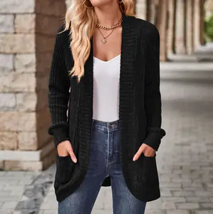 Women's Open Front Cardigan Long Sleeve Ribbed Knit Sweater with Side Pockets Springfresh