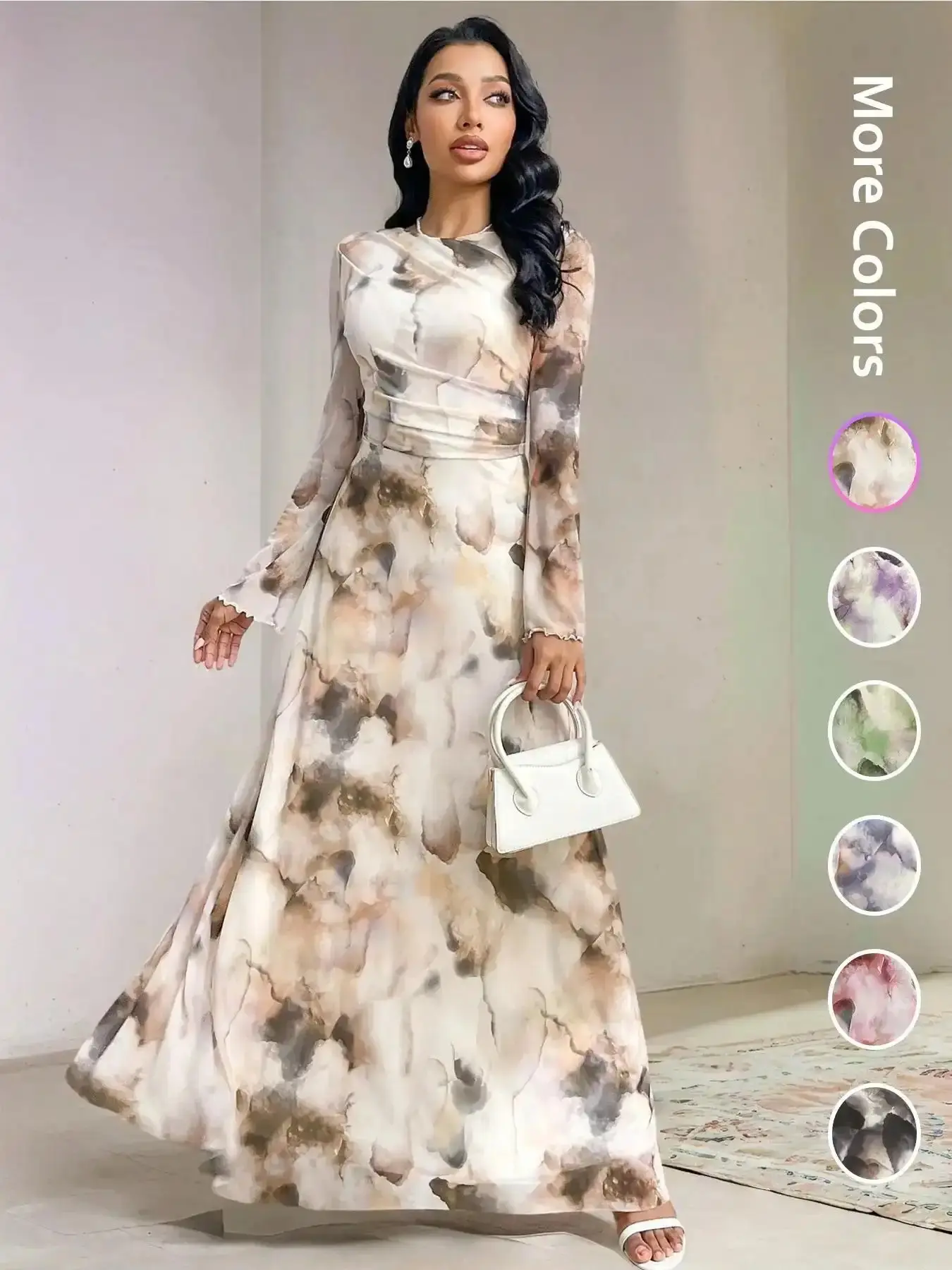 Elegant Women's Tie-Dye Print Long Sleeve Round Neck Maxi Dress, Multicolor Dress, Womenswear Party Wear Formal Gown, Ladies Fashionable Chic Evening Dresses, fashion dress, stylish wear, trendy outfits