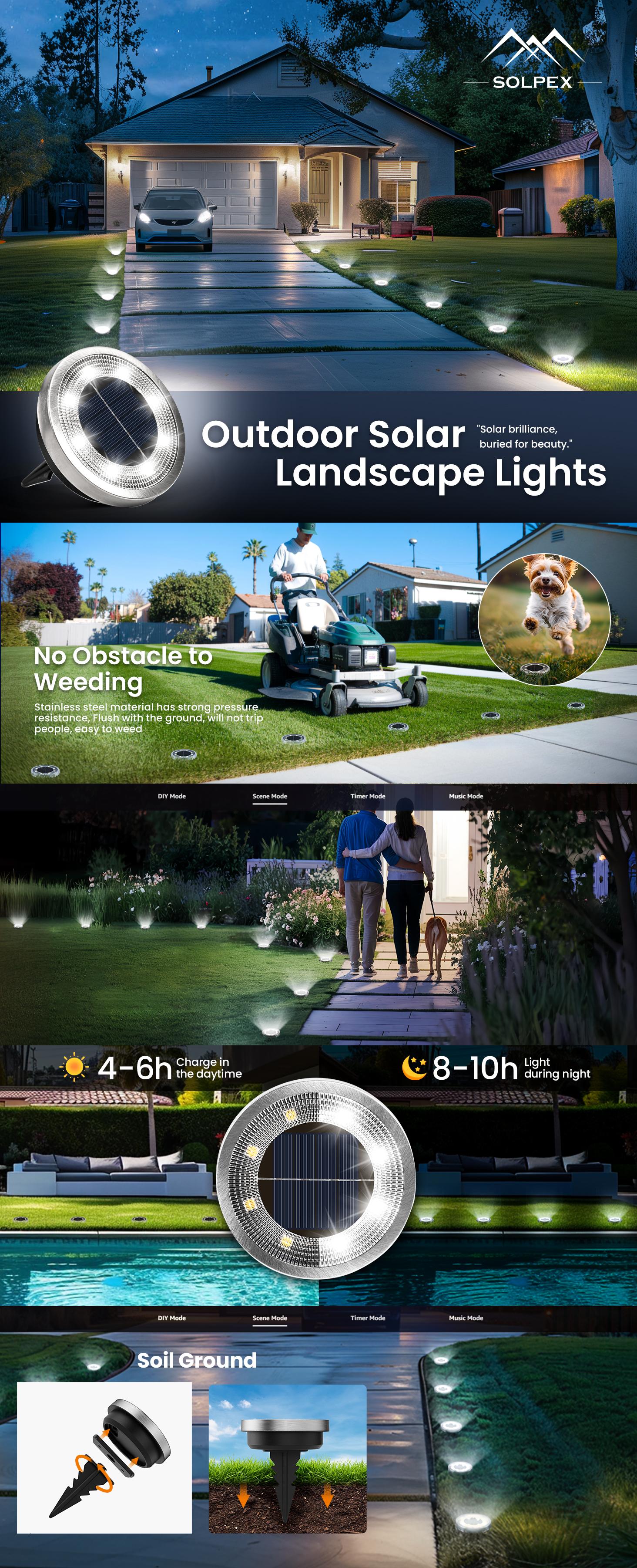 SOLPEX 10 Pack Solar Ground Lights Outdoor Waterproof, Solar Lights Outdoor Solar Powered Pathway Lights, Landscape Lighting for Garden Walkway Driveway Backyard Decor