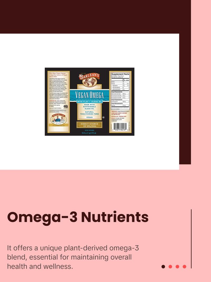 Barlean's Vegan Omega Liquid Flax and Algae Oil Plant Based EPA DHA Supplement Healthcare Fitness