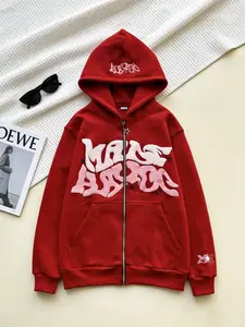 Hip Hop 3D Foam Graffiti Letter Print Zip-Up Hoodie, Men's Loose Fit Streetwear Pullover, Contrast Color Design,  Full-Zip Closure, Ultra-Casual Long Sleeve Loose Fit With Convenient Pocket