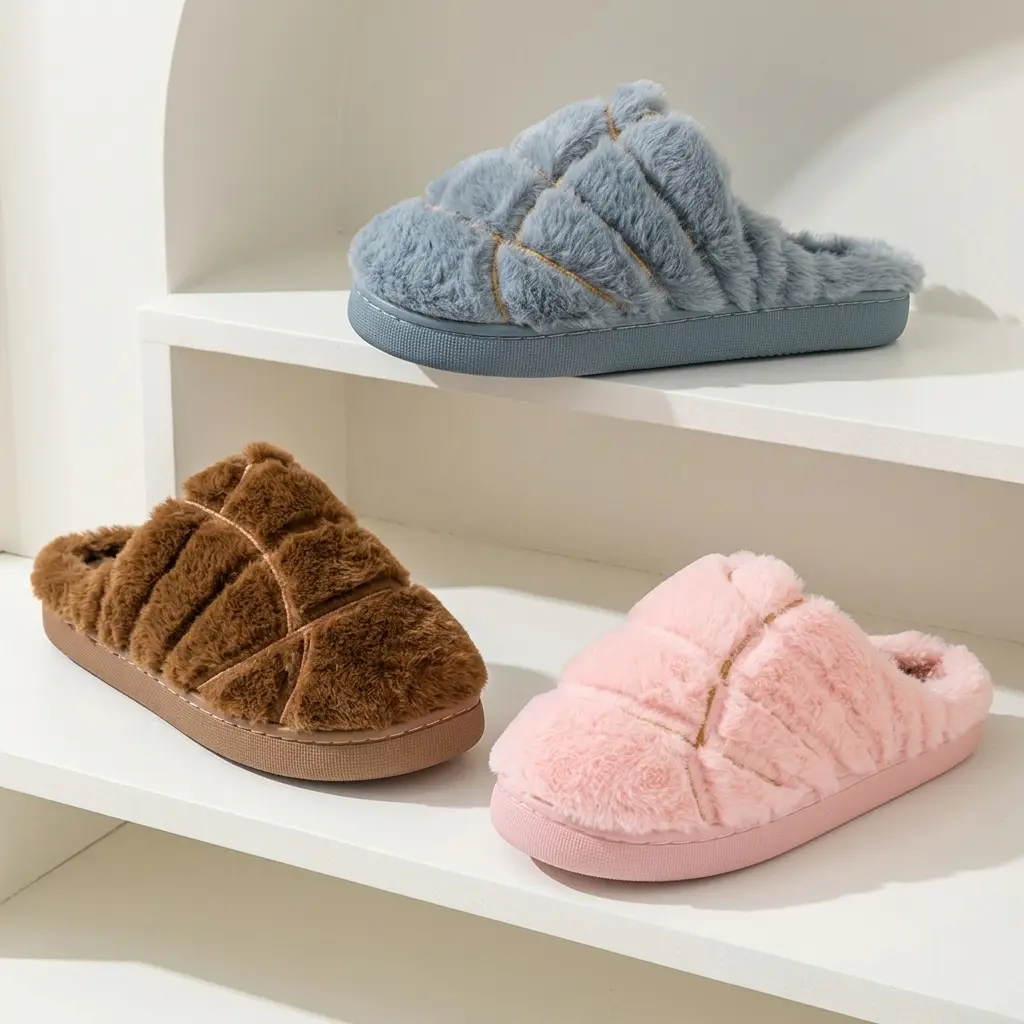 Women's Fuzzy Cross-Band Open Toe Slides, Polyester Plush Memory Foam Slippers, Non-Slip Indoor-Outdoor House Shoes