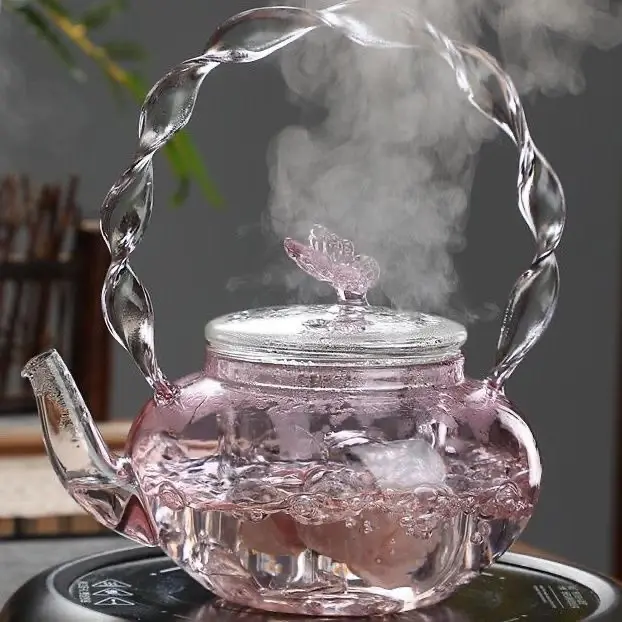 Pink Butterfly Twist Handle Borosilicate Glass Teapot - Kitchenware Enchanted Glass Teapot Tea Pitcher, Anti-Scalding, Heat-Resistant, 3D Pink Butterfly Lid Knob, Vintage Stovetop-Safe for Electric Ceramic Stove, Non-Toxic, Aesthetic Gift for Tea Lovers