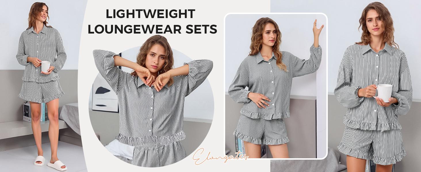 Fisoew Womens Stripe 2 Piece Lounge Sets Button Down Ruffle Shirts Shorts Sets Casual Oversized Pajama Sets Loungewear Fisoew Womens Stripe 2 Piece Lounge Sets Button Down Ruffle Shirts Shorts Sets Casual Oversized Pajama Sets Loungewear