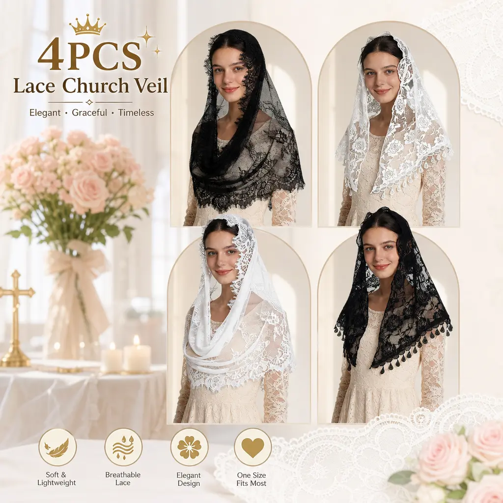 4 Pcs Catholic Church Mantilla Veils – Christian Lace Head Covering for Mass, Prayer, Wedding – Elegant Bridal Veil for Women, Bride Veil, Lace Drop Veil