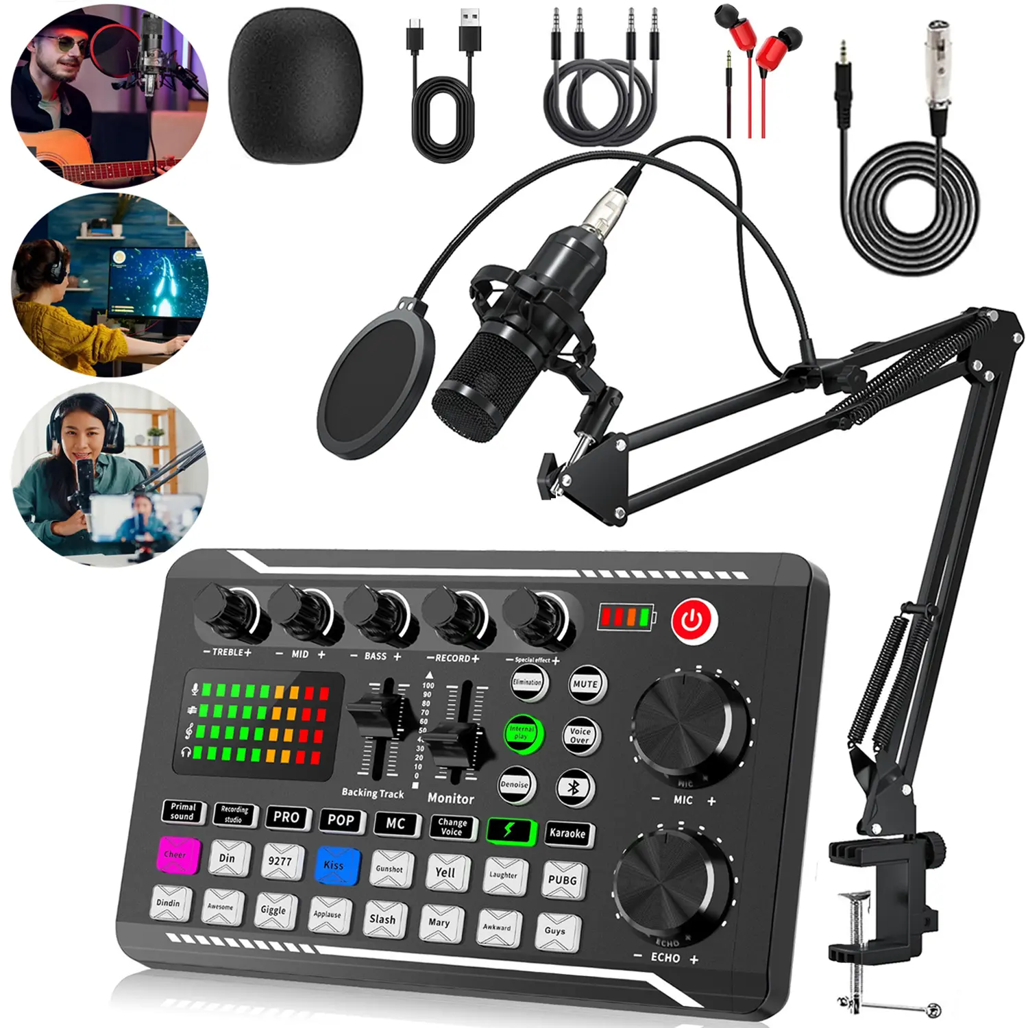 F998 Wireless Bluetooth Live Sound Card with Mic, Voice Reverb Changer, Music Control Mixer, Plastic Body & Stand Kit - Multi-Device Compatible for Smartphones, Computers - Podcast Users, Condenser, Cantilever Stand