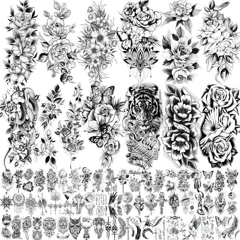 72 Sheets 3D Flowers Temporary Tattoos for Women Adult, Including 12 Sheets Large Fake Tattoos That Look Real and Last Long, Waterproof Rose Moon Butterfly...