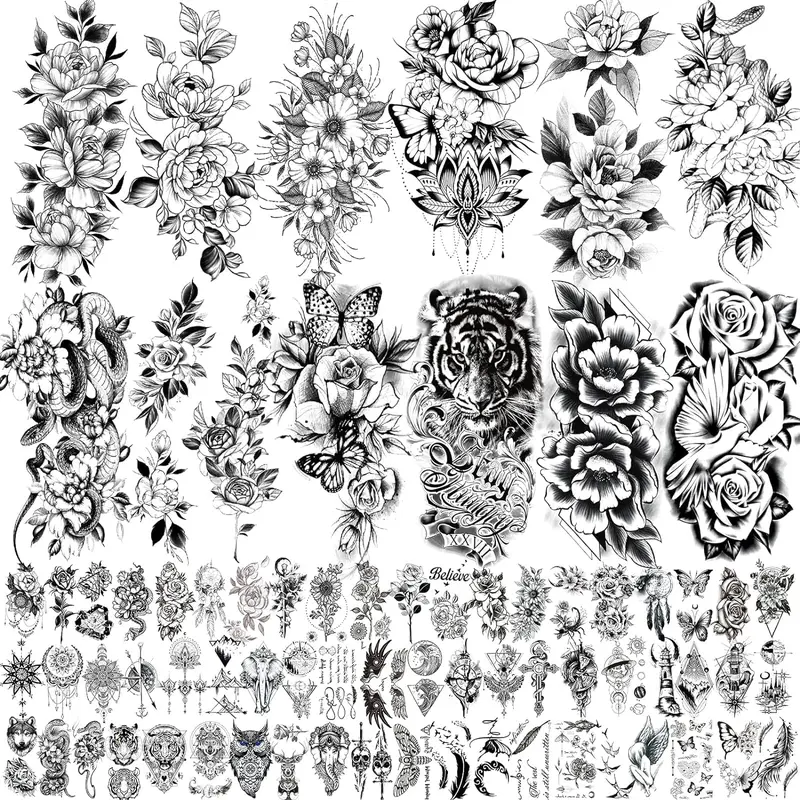 72 Sheets 3D Flowers Temporary Tattoos for Women Adult, Including 12 Sheets Large Fake Tattoos That Look Real and Last Long, Waterproof Rose Moon Butterfly...