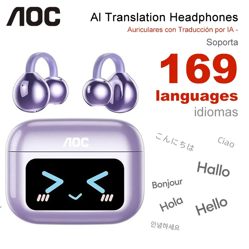 AOC ACD3521 Clip-On Ear Headphones with Real-Time Translation in 169 Languages, Audio-Visual Future Touch Screen, Wireless Headphones for Music & Phone Calls, Sport Waterproof & Sweatproof