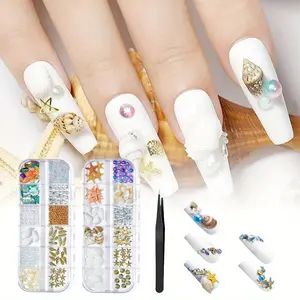 2 Boxes Summer Beach party Decoration Nail Art Rhinestones Accessories Ocean Theme Shell Starfish Conch Nails Studs Sea Series Rivets Charms Supplies for DIY Manicure Decoration