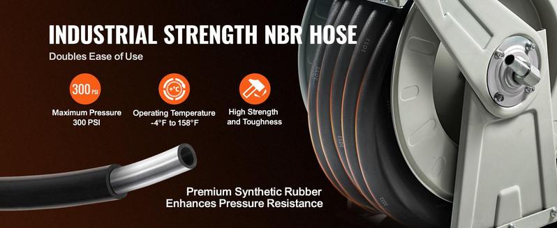 VEVOR Fuel Hose Reel, TikTokShopBlackFriday, Extra Long Retractable Diesel Hose Reel, Heavy-Duty Carbon Steel Construction with Automatic Fuel Nozzle, NBR Rubber Hose for Aircraft Ship Vehicle Tank Truck, 300PSI
