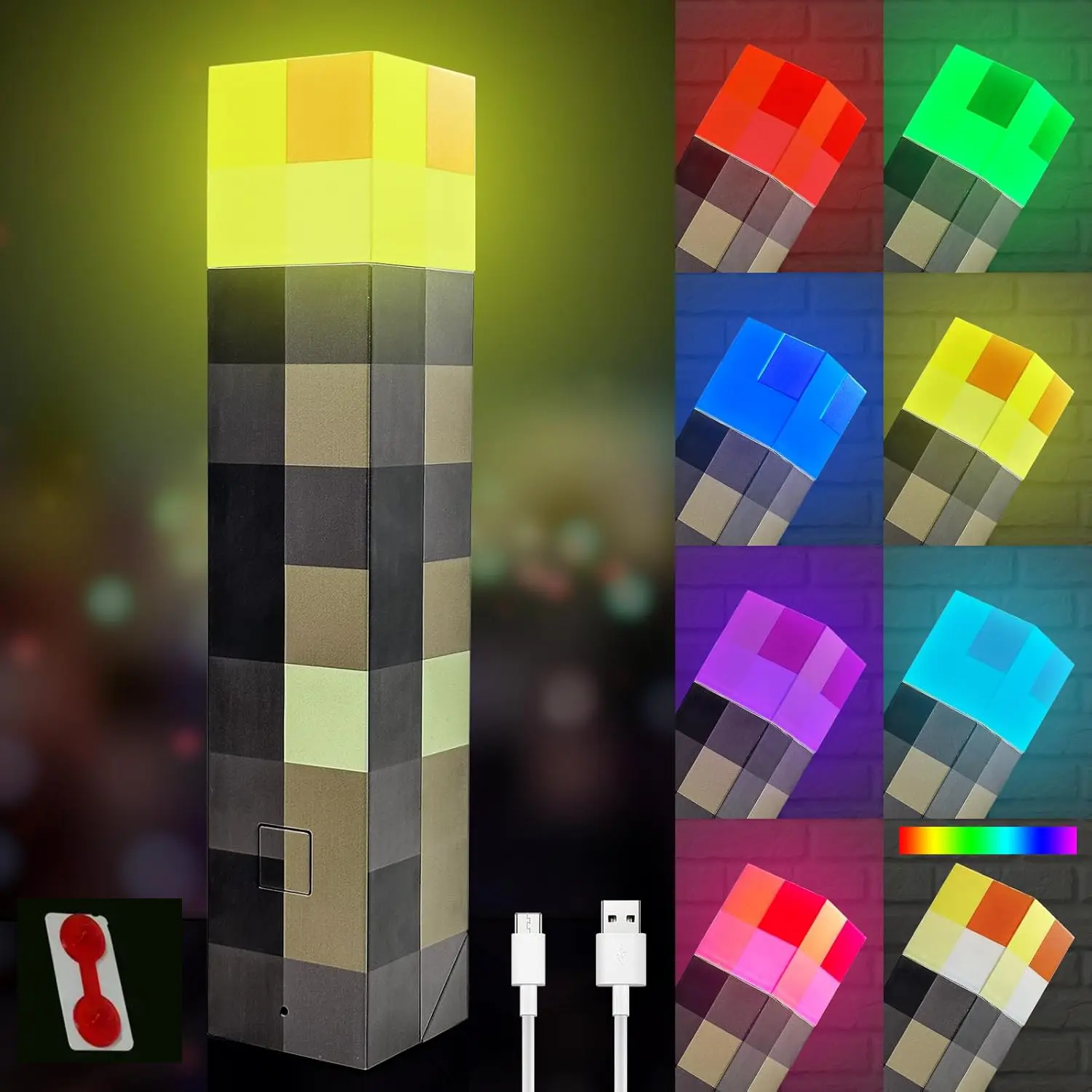 Pixel Torch Night Light, USB Rechargeable Wall Mount LED Lamp, 7 Color Retro Gaming Room Decor, Handheld Torch Light for Bedroom, Kids Room, Party & Gamer Gifts