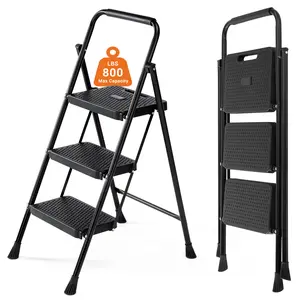 800lbs Heavy Duty 3 Step Ladder - Folding Step Stool with Wide Anti-Slip Pedals & Cushioned Handle - Sturdy Portable Metal Ladder for Home, Kitchen & Office