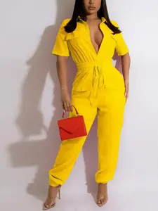 Regular Size Yellow Utility Jumpsuit - Short Sleeve Tie Waist Cargo Jumpsuit for Summer Vacation