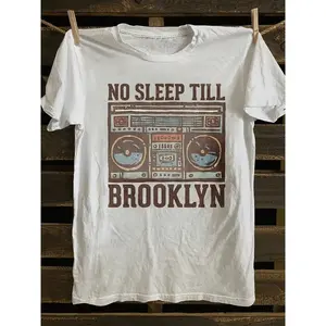 Men's Vintage Punk Rock Graphic T-Shirt NO SLEEP TILL BROOKLYN Retro Boombox Design Soft 100% Cotton Casual Comfortable Fit White With Brown Teal Accents Everyday Tshirt