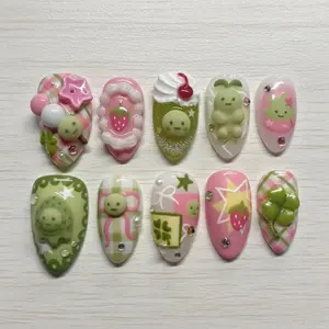 Cute Smiski Press On Nails with Pastel Strawberry & 3D Lucky Grass Charms, Green Pink Kawaii Nail Art, Handmade Cute Cartoon Fake Nails, Japanese Aesthetic Nails for Birthday Party, Gift for Best Friend, Trendy Kawaii Style