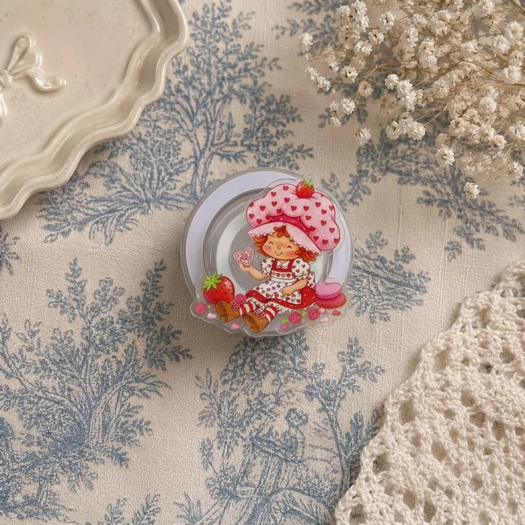 Vintage Strawberry Girl Phone Grip, Aesthetic Cartoon Griptok, Cute Retro Style Phone Stand, Unique Gift for Strawberry Lovers