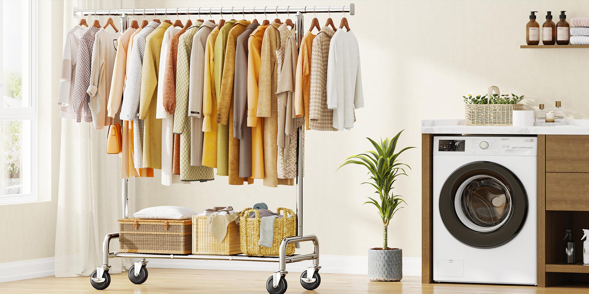 Raybee Heavy Duty Clothes Rack Load 450 LBS, Clothing Racks for Hanging Clothes Rolling Garment Rack with Wheels & Shelf,Portable & Adjustable Coat Rack ,Chrome, Golden